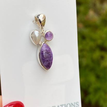 Charoite, Pearl, Amethyst Pendant, .925 Sterling Silver