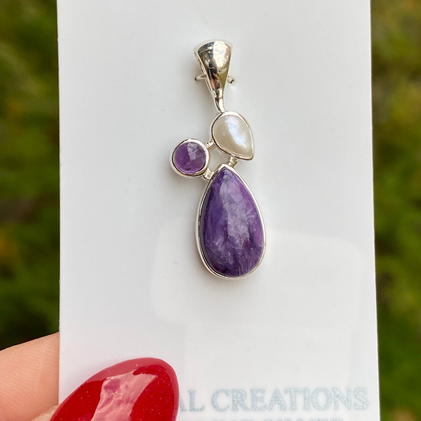 Charoite, Pearl, Amethyst Pendant, .925 Sterling Silver