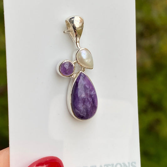 Charoite, Pearl, Amethyst Pendant, .925 Sterling Silver