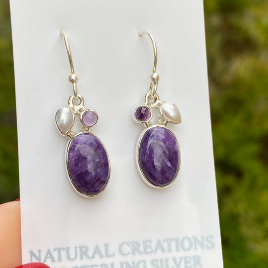 Charoite, Pearl, Amethyst Earrings, .925 Sterling Silver