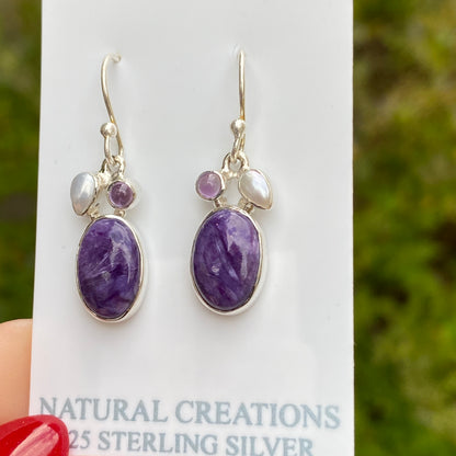 Charoite, Pearl, Amethyst Earrings, .925 Sterling Silver