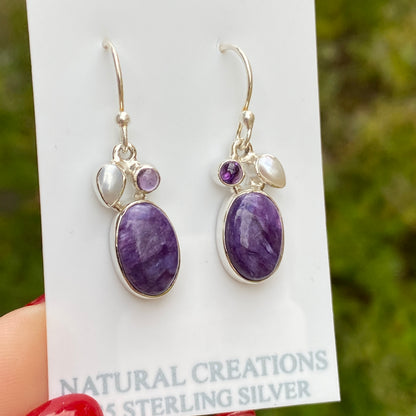 Charoite, Pearl, Amethyst Earrings, .925 Sterling Silver