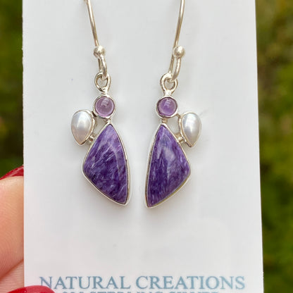 Charoite, Pearl, Amethyst Earrings, .925 Sterling Silver