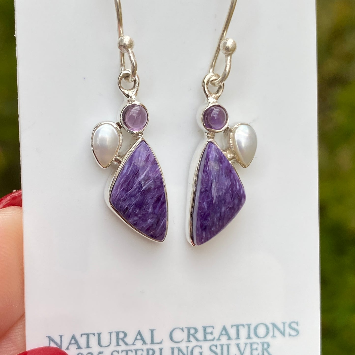 Charoite, Pearl, Amethyst Earrings, .925 Sterling Silver