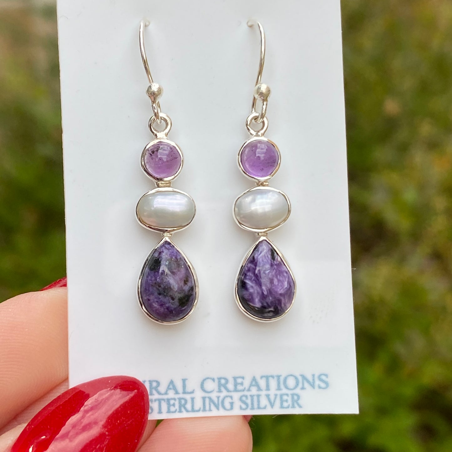 Charoite, Pearl, Amethyst Earrings, .925 Sterling Silver