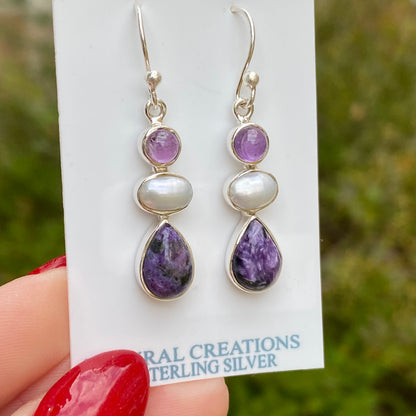 Charoite, Pearl, Amethyst Earrings, .925 Sterling Silver