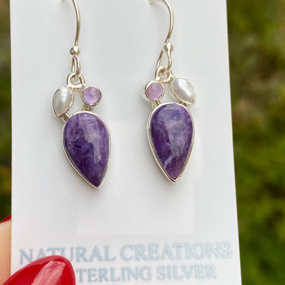 Charoite, Pearl, Amethyst Earrings, .925 Sterling Silver