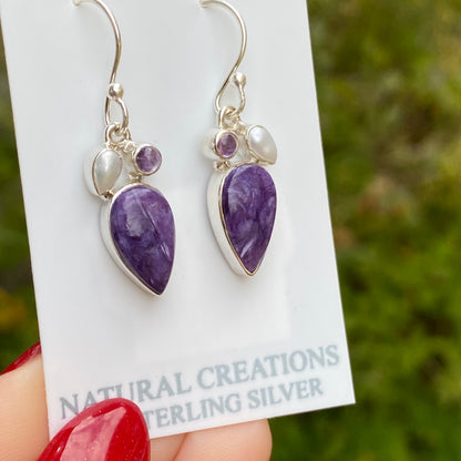 Charoite, Pearl, Amethyst Earrings, .925 Sterling Silver