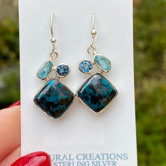 Chrysocolla, Topaz, Apatite Earrings, .925 Sterling Silver