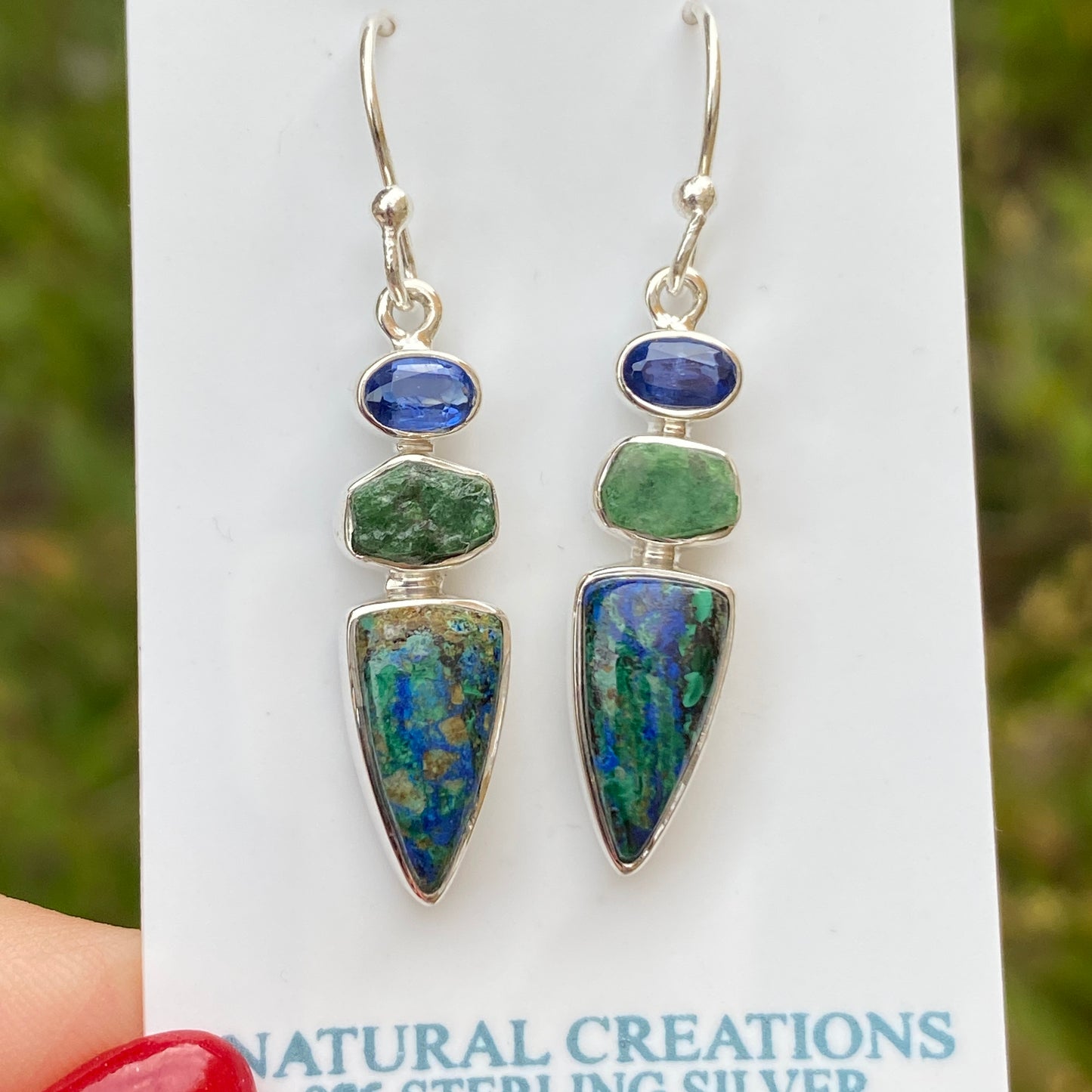 Azurite, Emerald, Kyanite Earrings .925 Sterling Silver