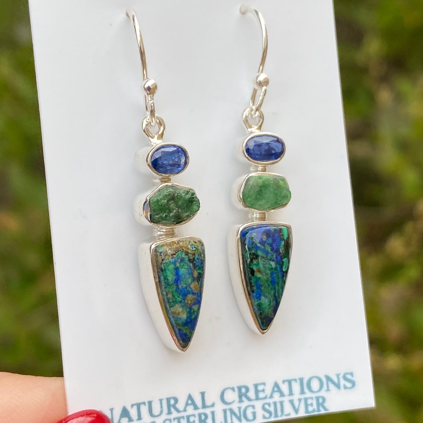 Azurite, Emerald, Kyanite Earrings .925 Sterling Silver