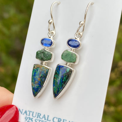 Azurite, Emerald, Kyanite Earrings .925 Sterling Silver