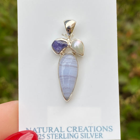 Blue Lace Agate, Tanzanite, Pearl Pendant .925 Sterling Silver