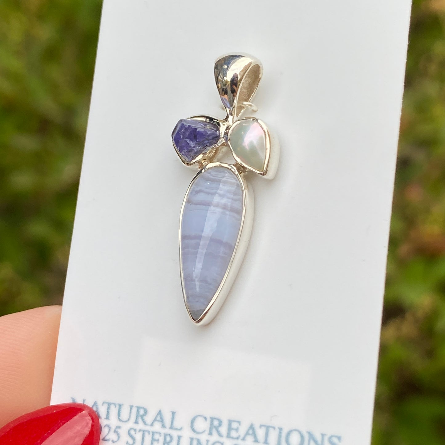 Blue Lace Agate, Tanzanite, Pearl Pendant .925 Sterling Silver