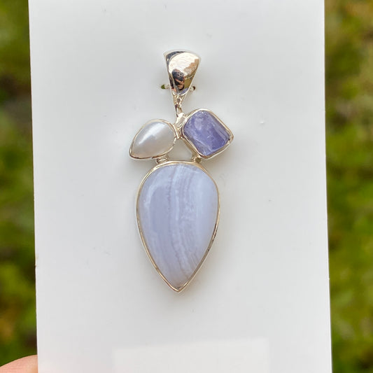 Blue Lace Agate, Tanzanite, Pearl Pendant .925 Sterling Silver