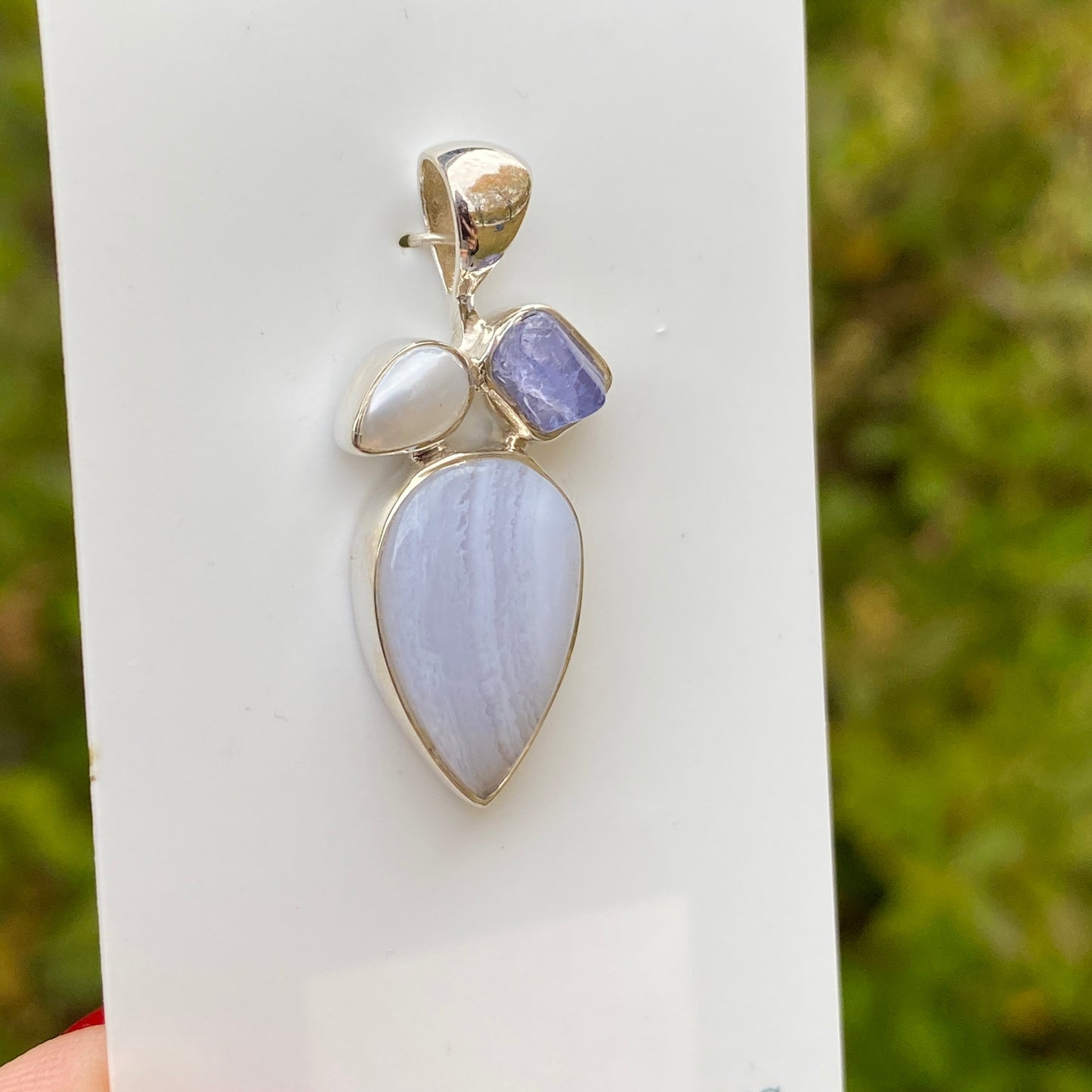 Blue Lace Agate, Tanzanite, Pearl Pendant .925 Sterling Silver