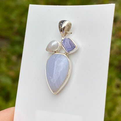 Blue Lace Agate, Tanzanite, Pearl Pendant .925 Sterling Silver