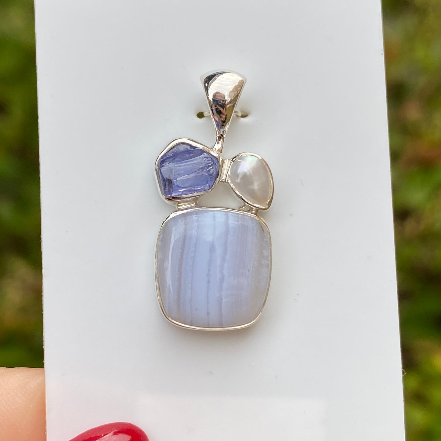 Blue Lace Agate, Tanzanite, Pearl Pendant .925 Sterling Silver