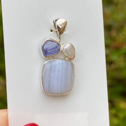 Blue Lace Agate, Tanzanite, Pearl Pendant .925 Sterling Silver