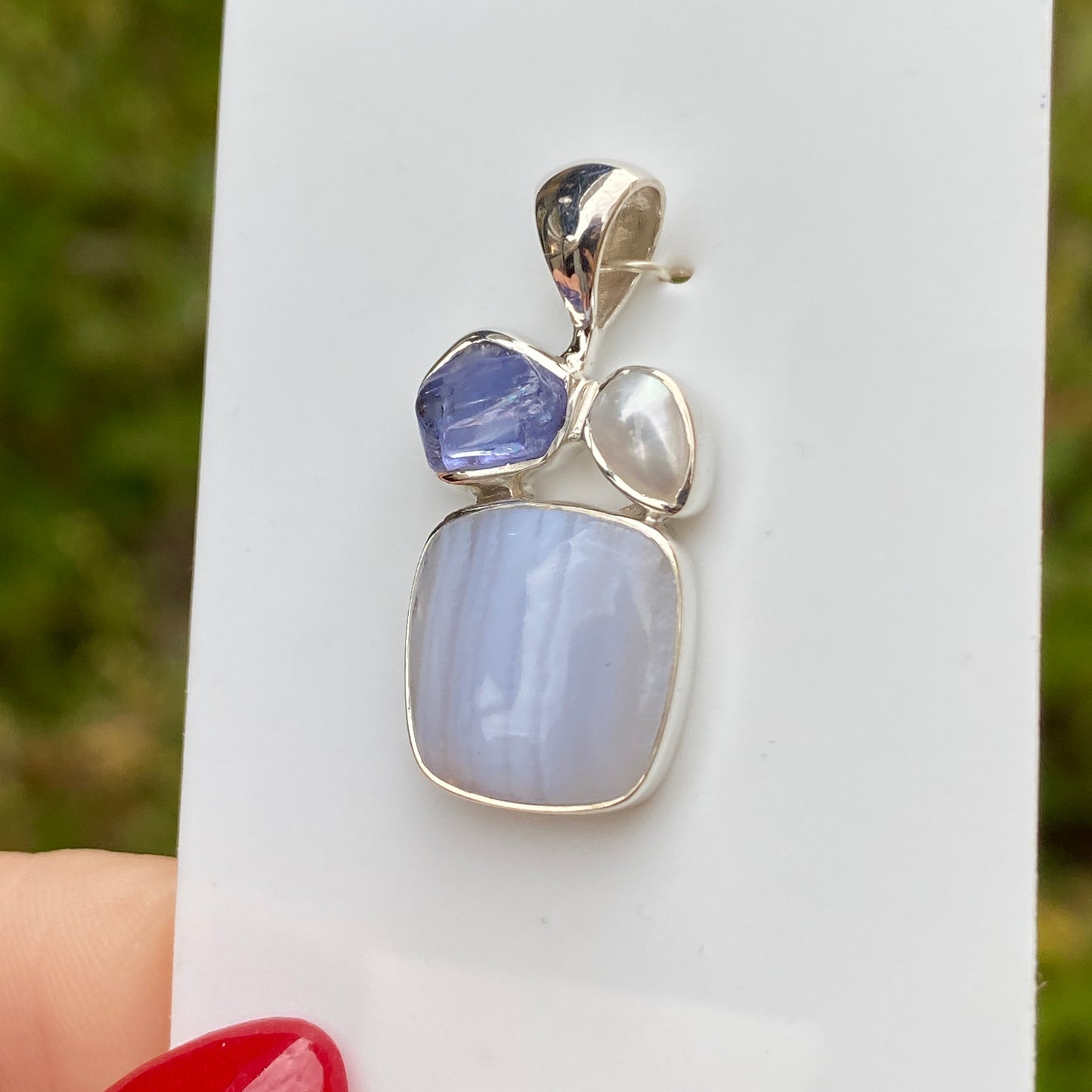 Blue Lace Agate, Tanzanite, Pearl Pendant .925 Sterling Silver