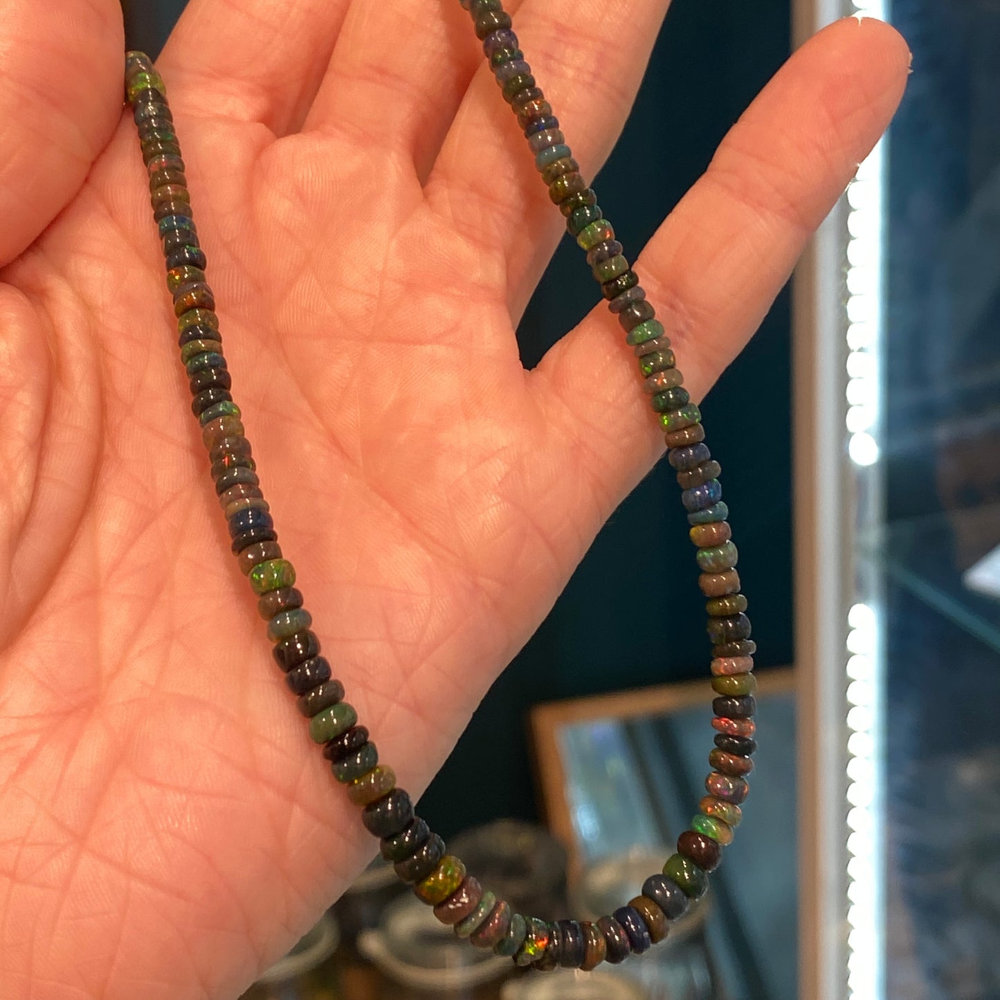 High Fire Black Opal Necklace, Slim, Stayish Mine