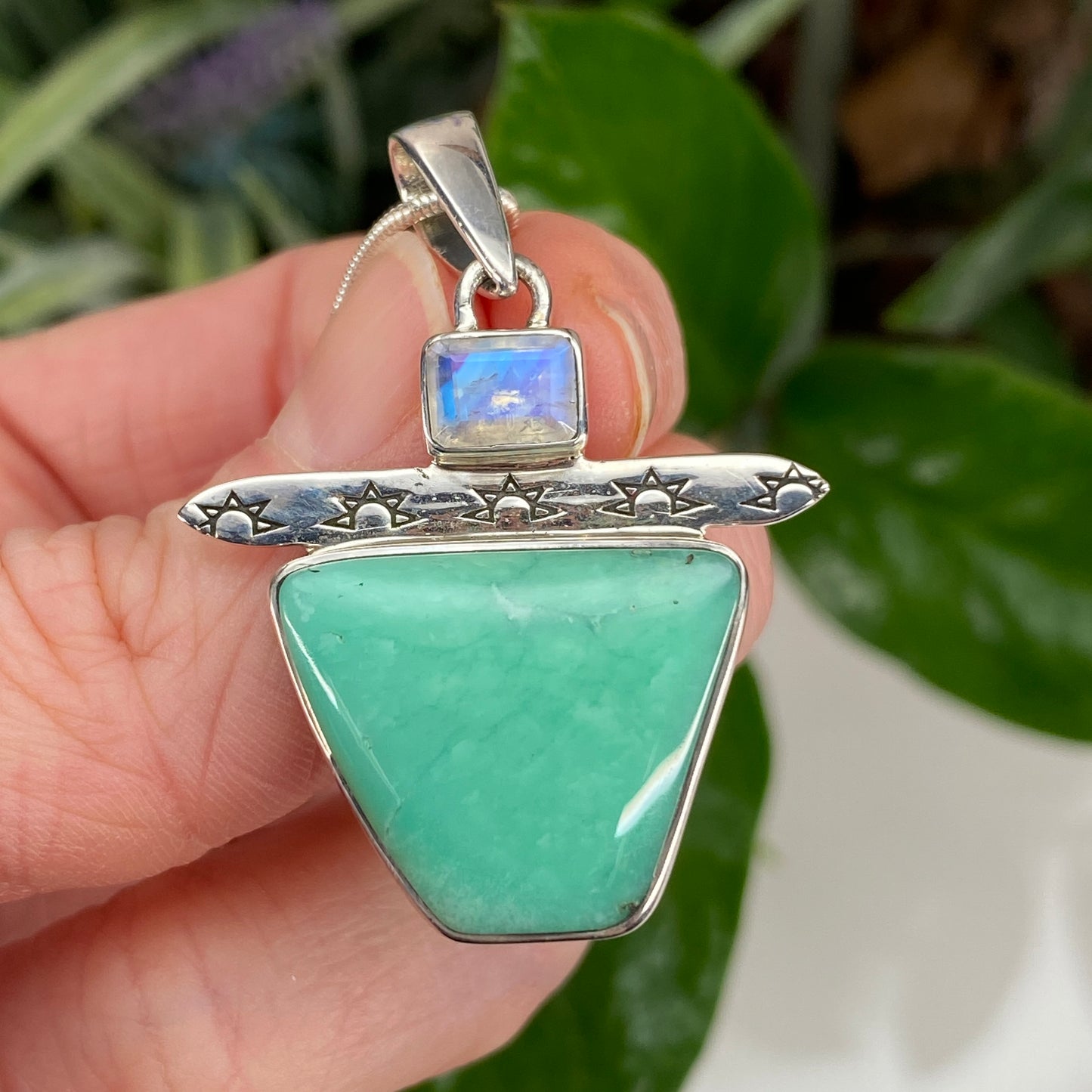 Kingman Turquoise Pendant with Rainbow Moonstone, Includes Chain