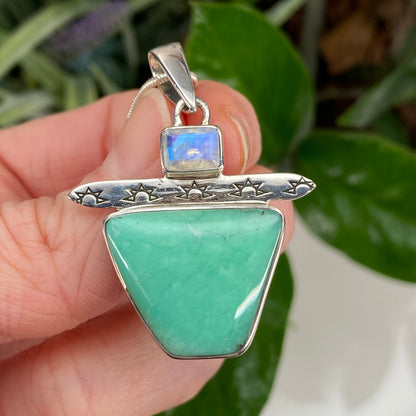 Kingman Turquoise Pendant with Rainbow Moonstone, Includes Chain