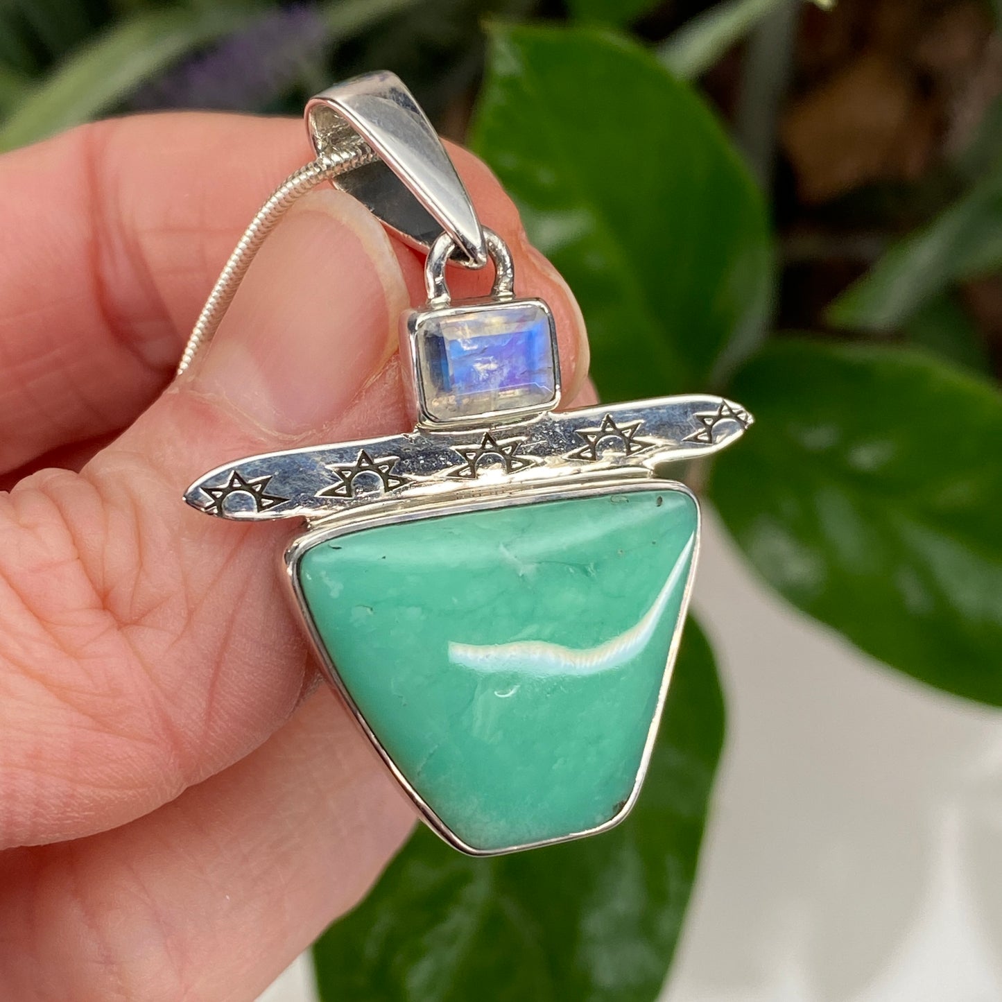 Kingman Turquoise Pendant with Rainbow Moonstone, Includes Chain