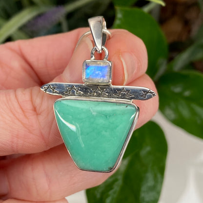 Kingman Turquoise Pendant with Rainbow Moonstone, Includes Chain