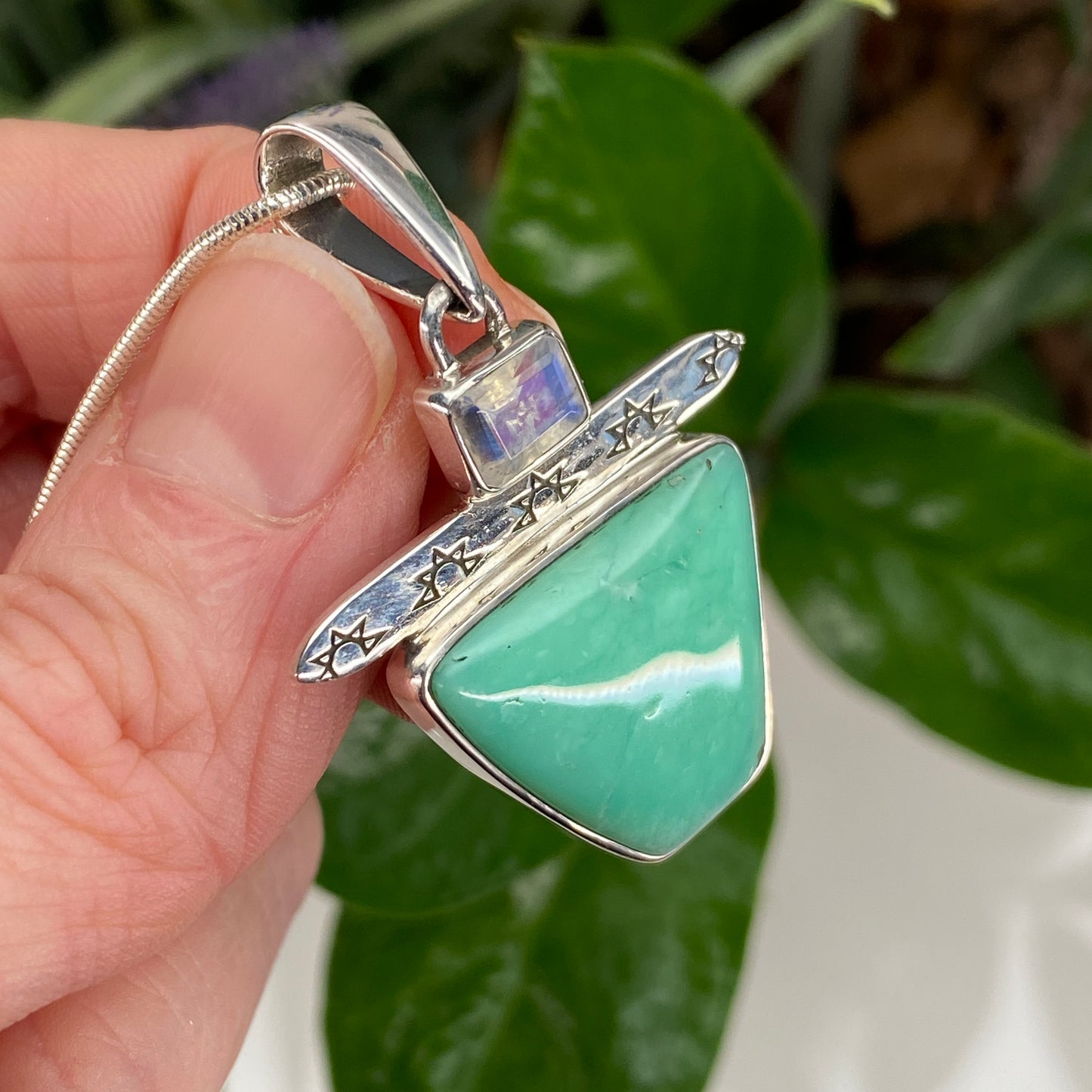 Kingman Turquoise Pendant with Rainbow Moonstone, Includes Chain