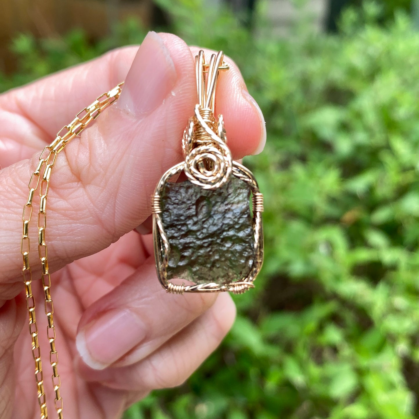 Moldavite Pendant Necklace, 14k Gold Fill