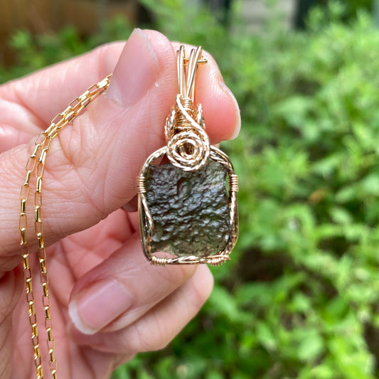 Moldavite Pendant Necklace, 14k Gold Fill