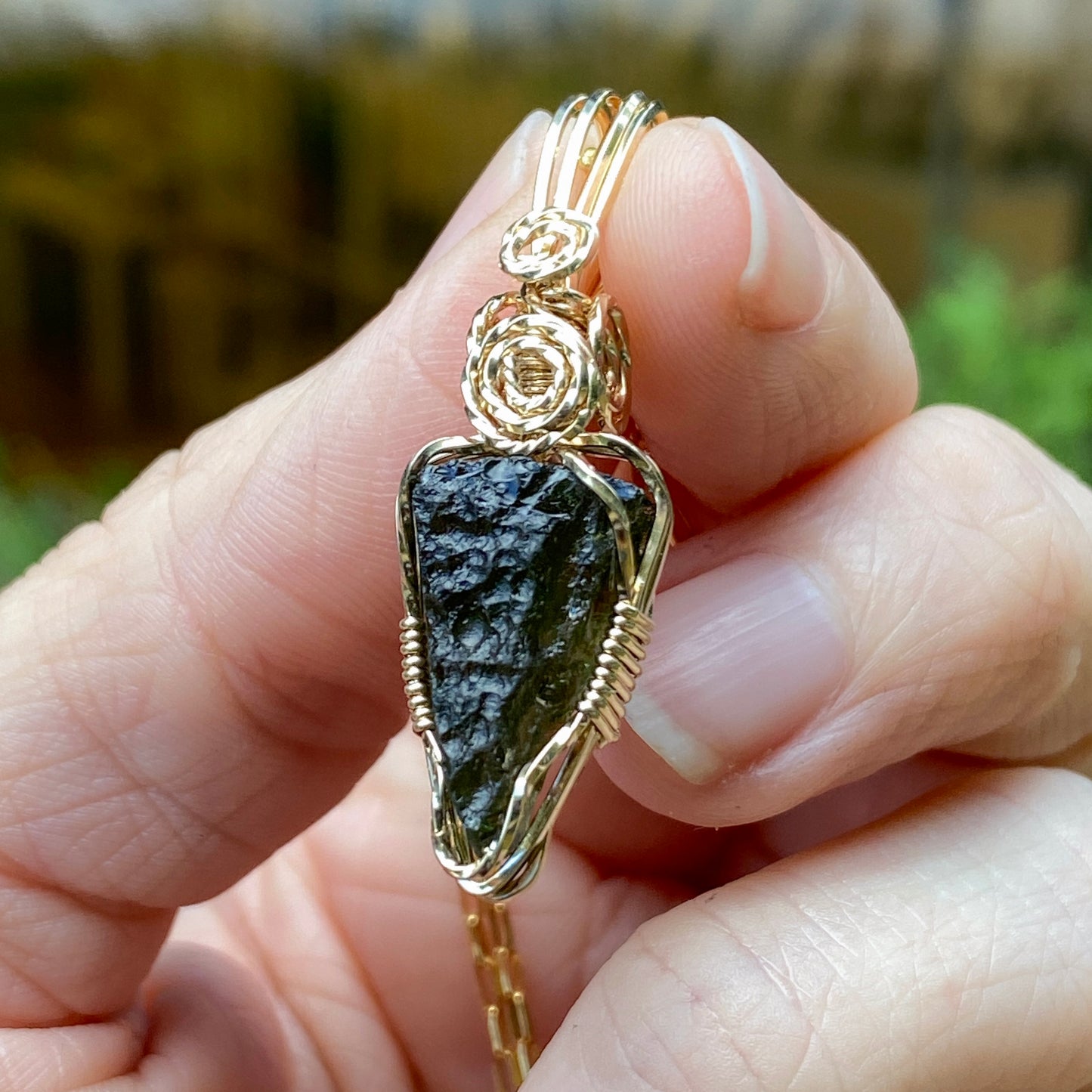 Moldavite Pendant Necklace, 14k Gold Fill