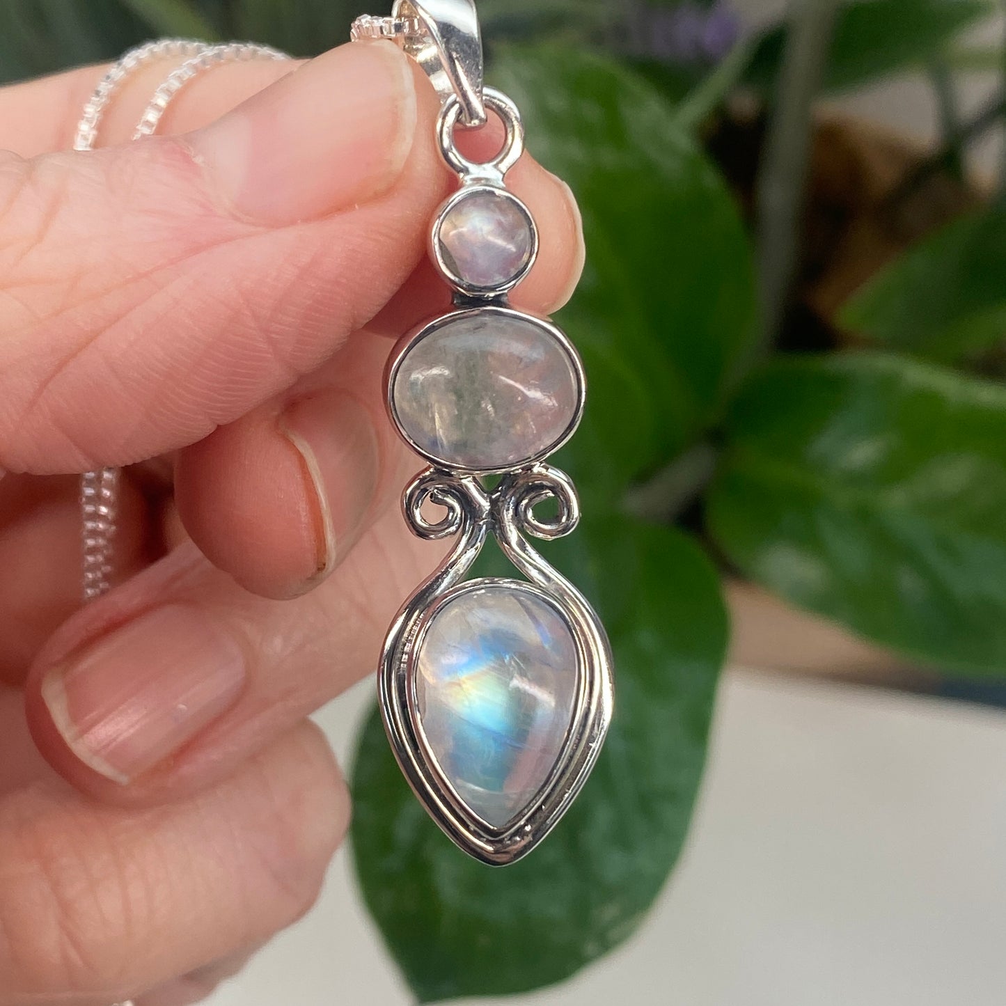 Triple Rainbow Moonstone Pendant Necklace