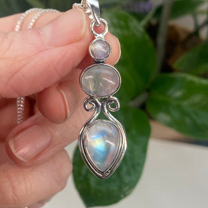 Triple Rainbow Moonstone Pendant Necklace