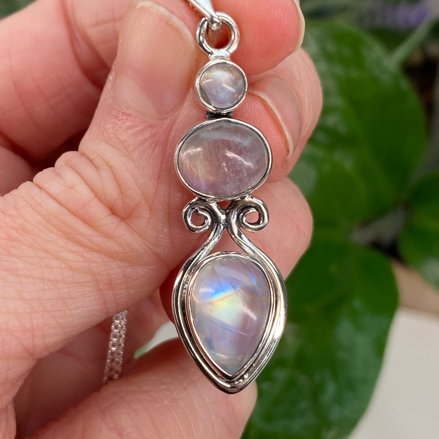 Triple Rainbow Moonstone Pendant Necklace
