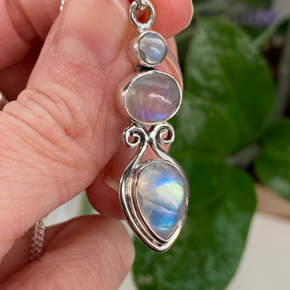 Triple Rainbow Moonstone Pendant Necklace