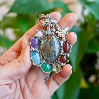 Mushroom Fairy Amulet with Chakra Crystals: Labradorite, Opal, Charoite, Larimar, Emerald, Citrine, Garnet, Jasper