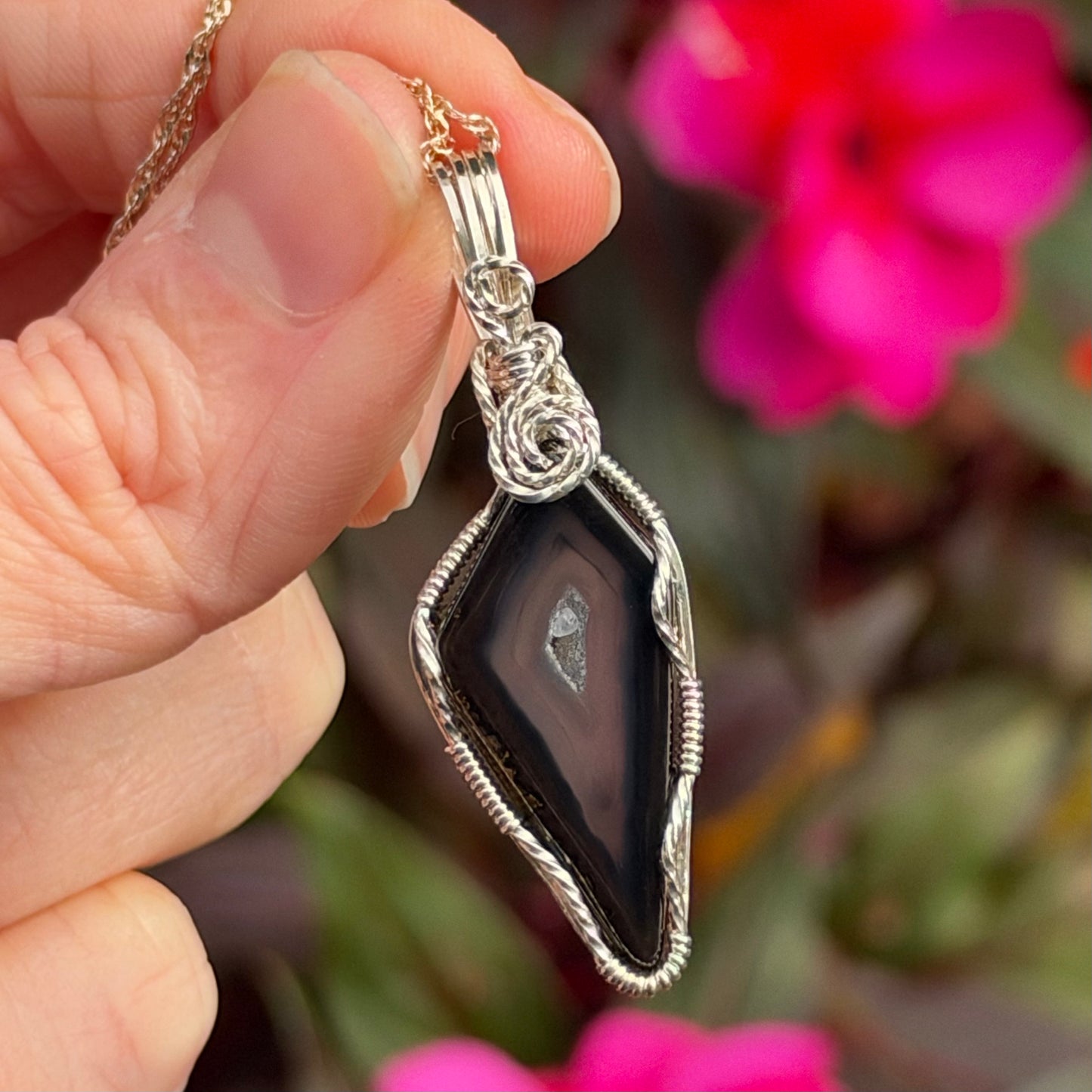 Paribas Polyhedroid Agate Wire Wrapped Pendant, Made in Store