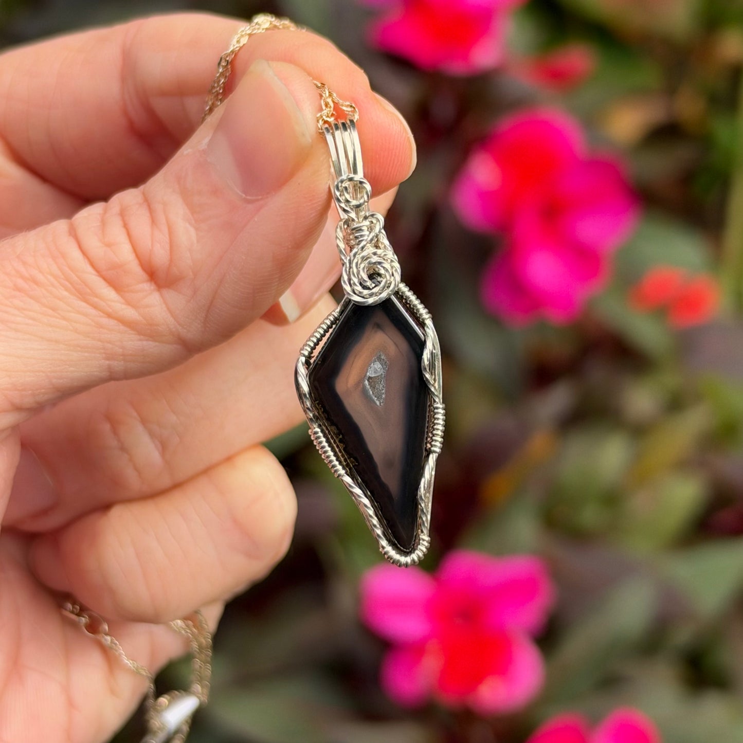 Paribas Polyhedroid Agate Wire Wrapped Pendant, Made in Store