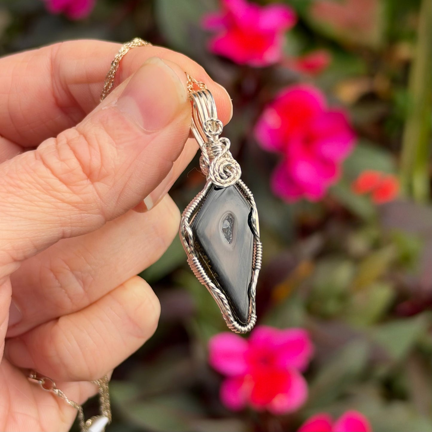Paribas Polyhedroid Agate Wire Wrapped Pendant, Made in Store