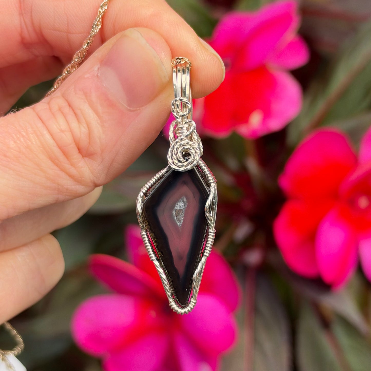 Paribas Polyhedroid Agate Wire Wrapped Pendant, Made in Store