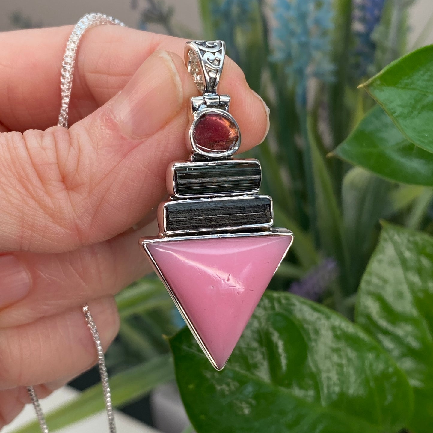 Pink Opal and Tourmaline Pendant Necklace