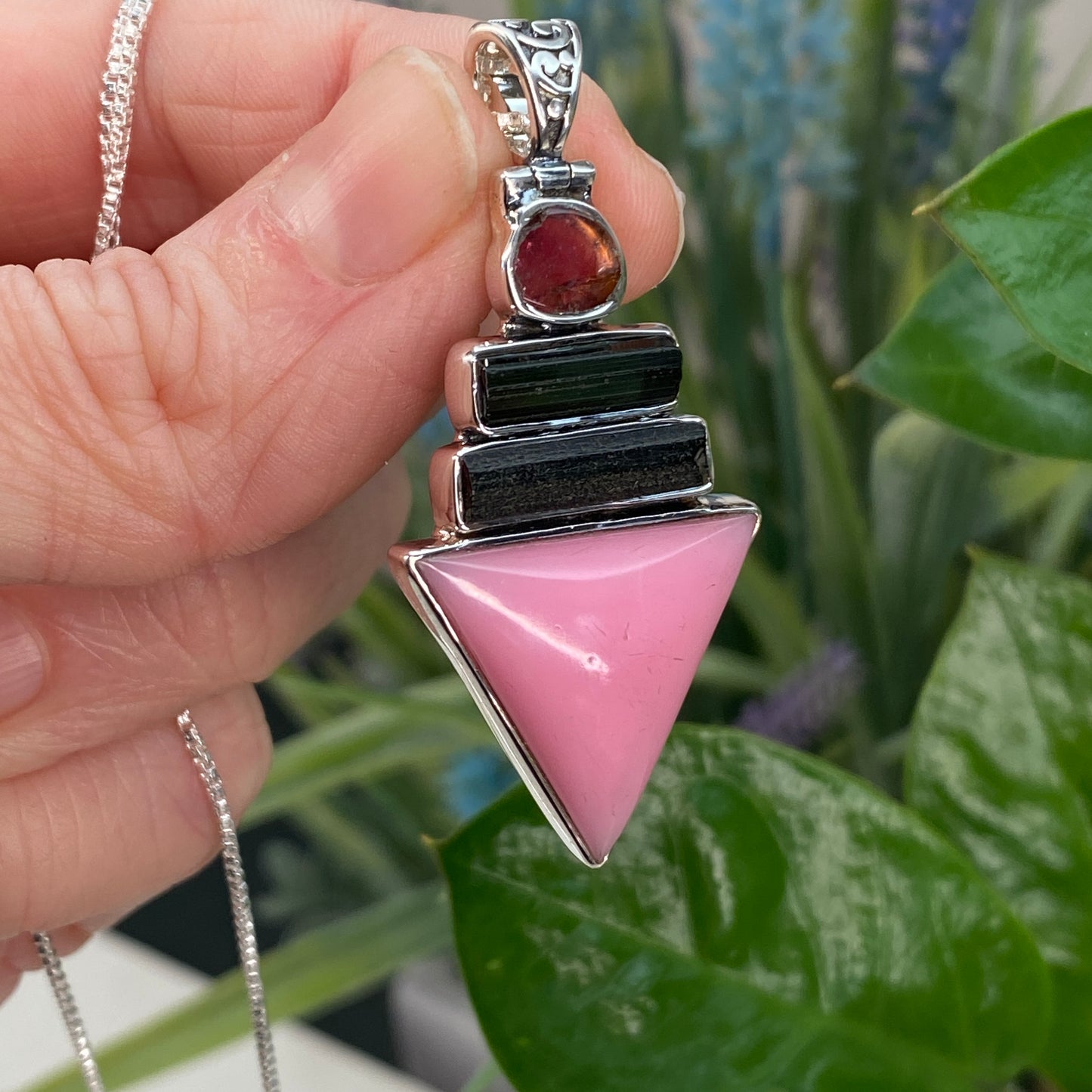 Pink Opal and Tourmaline Pendant Necklace