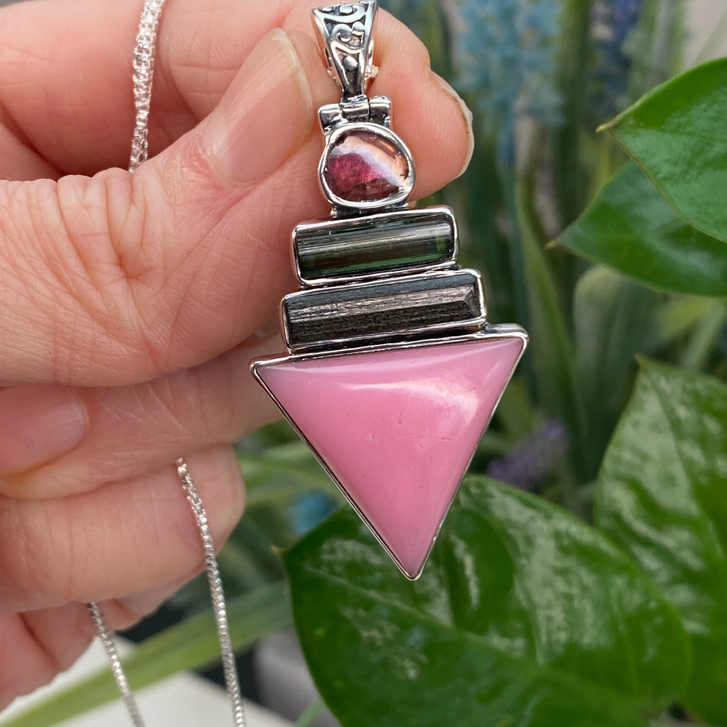 Pink Opal and Tourmaline Pendant Necklace