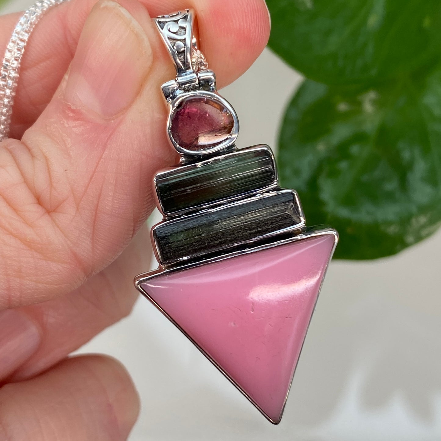 Pink Opal and Tourmaline Pendant Necklace