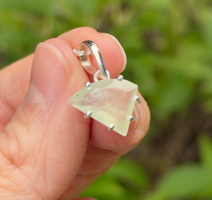 Prehnite Gem Pendant, Sterling Silver, Natural, Freeform Faceted Prehnite