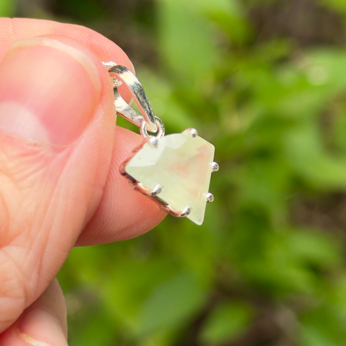 Prehnite Gem Pendant, Sterling Silver, Natural, Freeform Faceted Prehnite