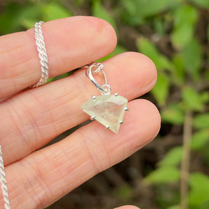 Prehnite Gem Pendant, Sterling Silver, Natural, Freeform Faceted Prehnite