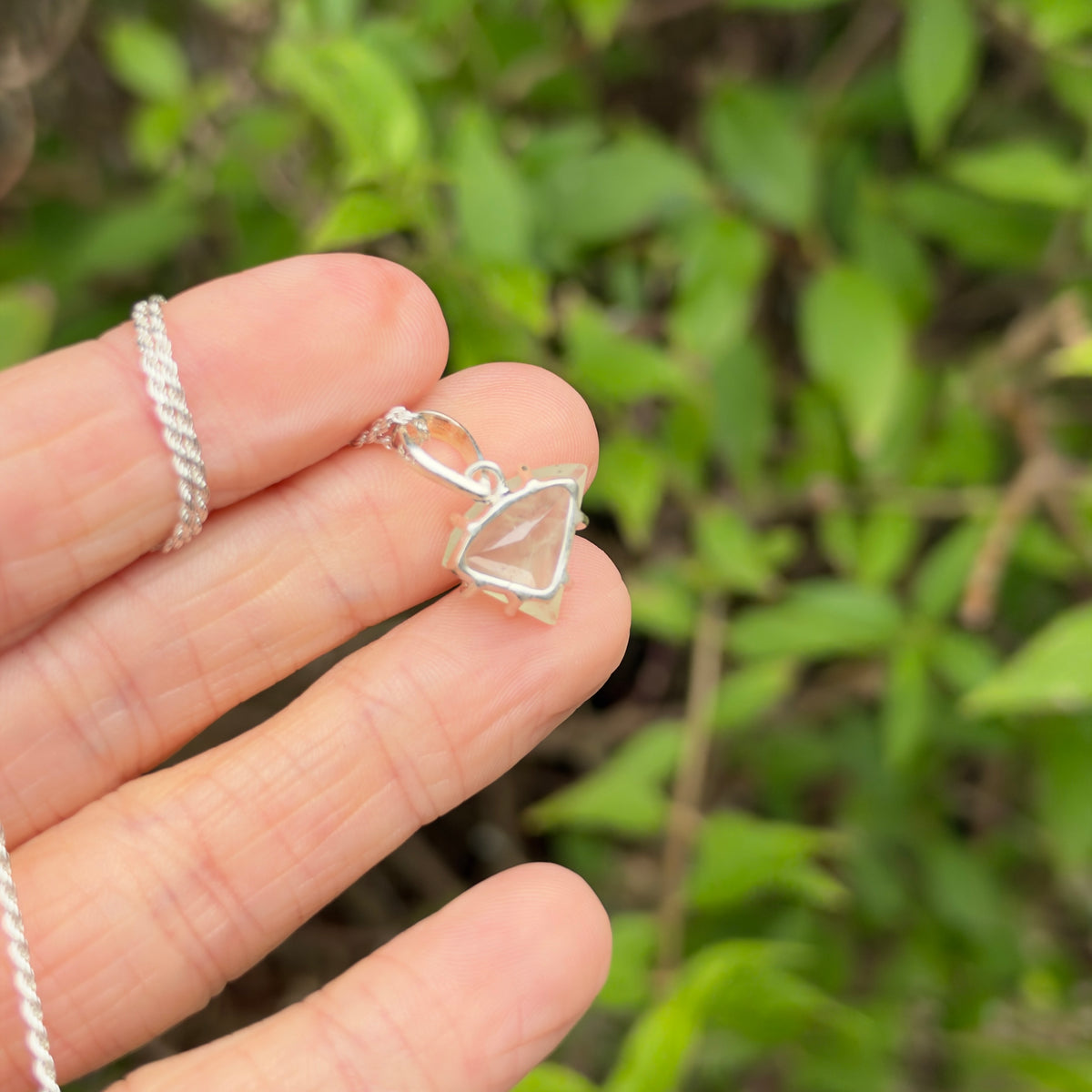 Prehnite Gem Pendant, Sterling Silver, Natural, Freeform Faceted Prehnite
